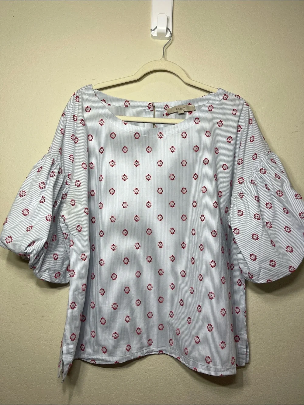 LOFT Floral Puff Sleeve Blouse Blue Striped Red Print XL